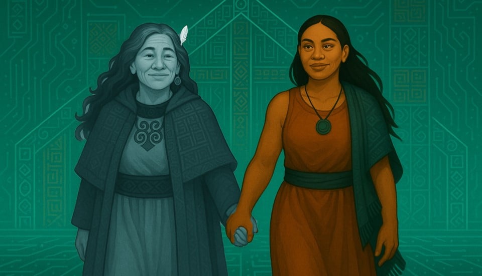 Mana Ako — two women holding hands, illustrated